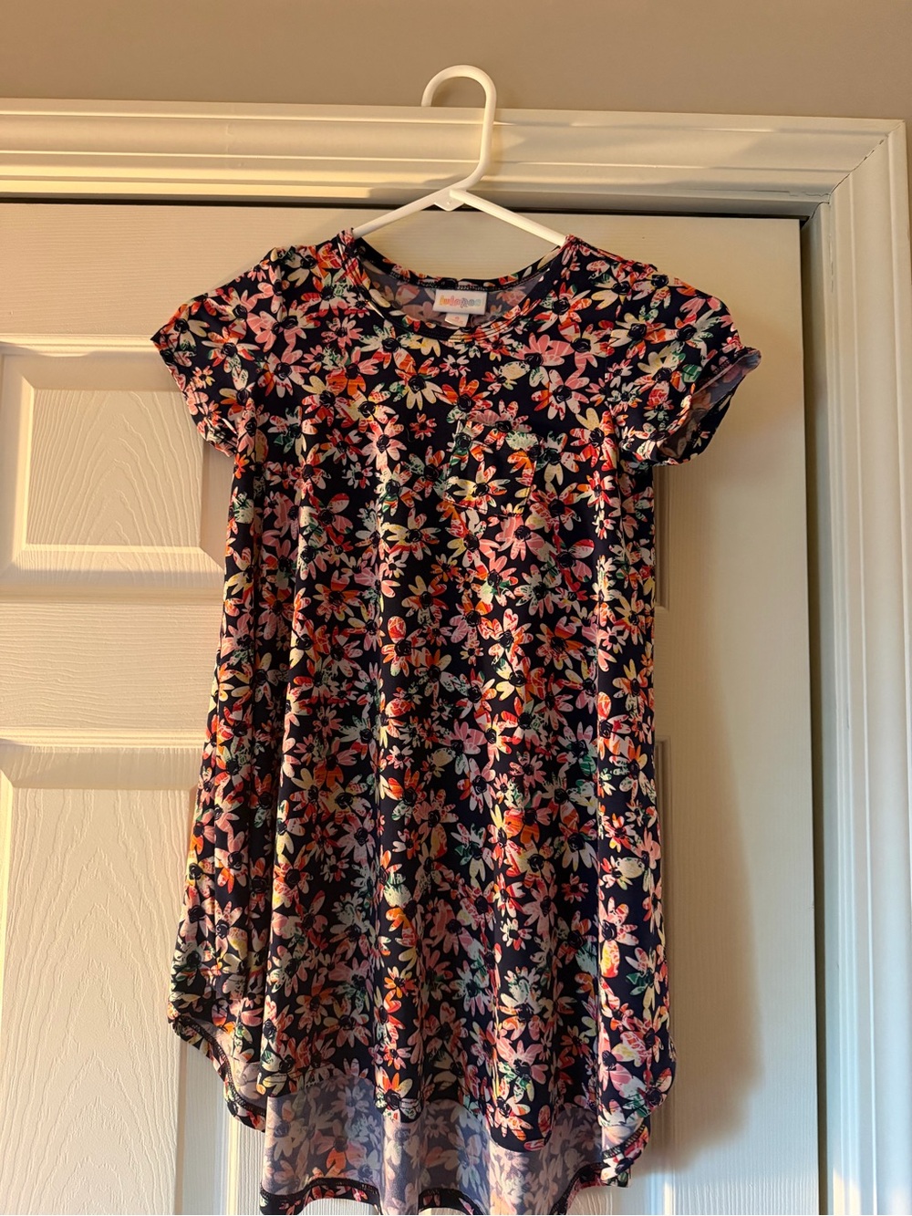 LuLaRoe Navy Floral Short Sleeve Girls Dress with Pink and Orange Blooms